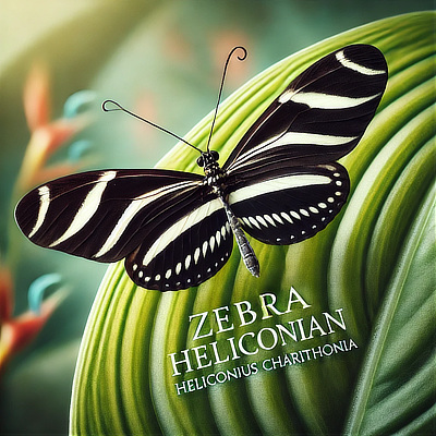The Zebra Heliconian (Heliconius charithonia) is a medium sized butterfly, with elongated black wings with bold white stripes. 