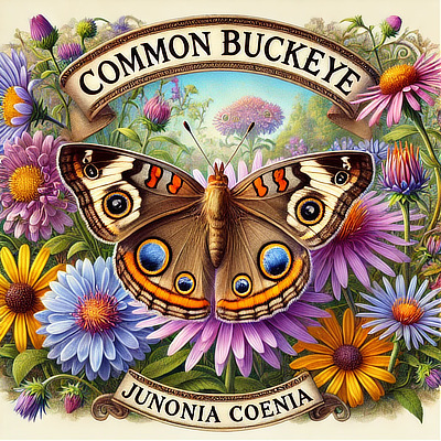 The Common Buckeye butterfly (Junonia coenia) is brown above. The forewing features two orange bars and two large black eyespots outlined in orange. The hindwing has two eyespots, with the upper one being the largest and containing a magenta crescent.